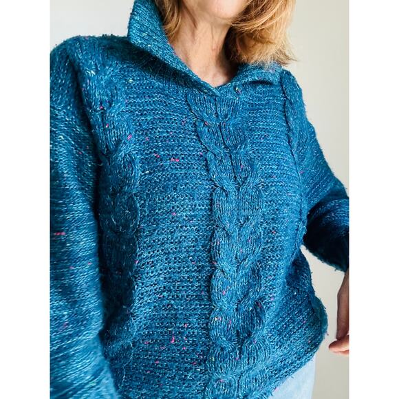 Vintage 90s Sweater Size Medium Blue Heather Collared Cable Knit Pullover - Picture 1 of 7